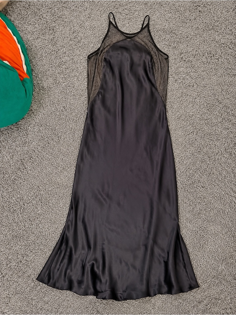 Anthropologie Black Satin Slip with Sheer Mesh Panels